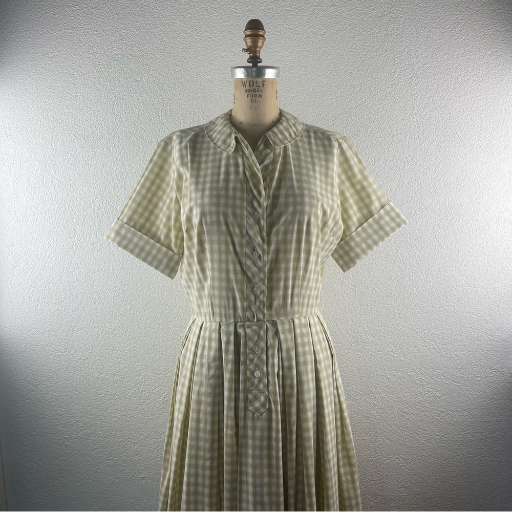Vintage l 60s M Nan-Leslie Gingham Plaid Pinup Collared Cuffed Shirtwaist Dress